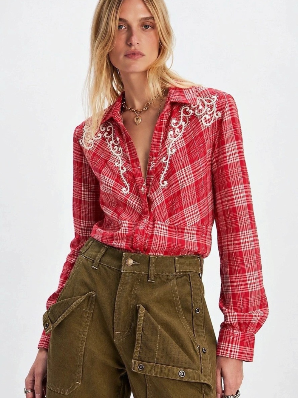 448. Panhandle Slim Red Plaid Metallic Lurex Western Shirt with Embroidered Yoke